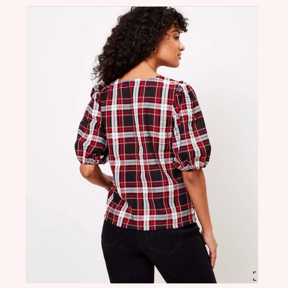 NWT LOFT Plaid Puff Sleeve Top - Picture 3 of 4
